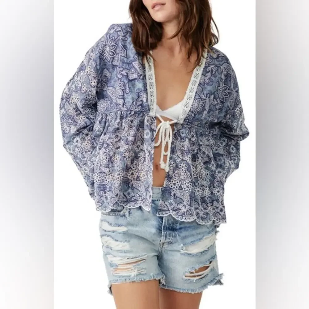 Free People Anissa Bed Jacket Eyelet Lace Tie Front Blue Combo Size S Beach Boho